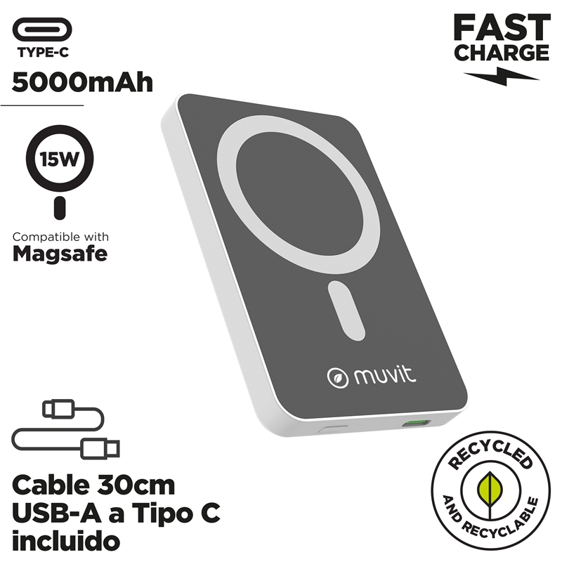 muvit for change power bank 5000 mAh/15W Magsafe + Output tipo C blanca
