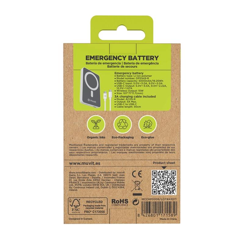 muvit for change power bank 5000 mAh/15W Magsafe + Output tipo C blanca