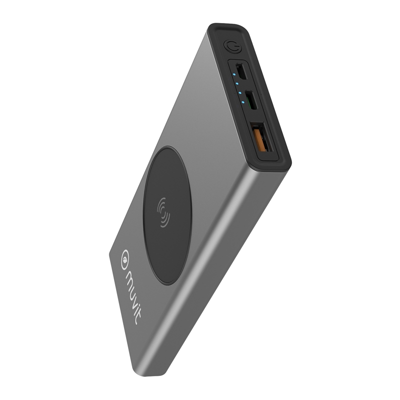 muvit for change power bank 10000 mAh/10W wireless + Output USB A + tipo C metalica gris