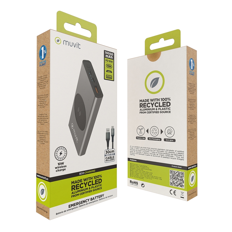 muvit for change power bank 10000 mAh/10W wireless + Output USB A + tipo C metalica gris