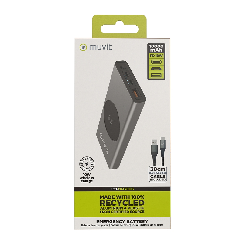 muvit for change power bank 10000 mAh/10W wireless + Output USB A + tipo C metalica gris