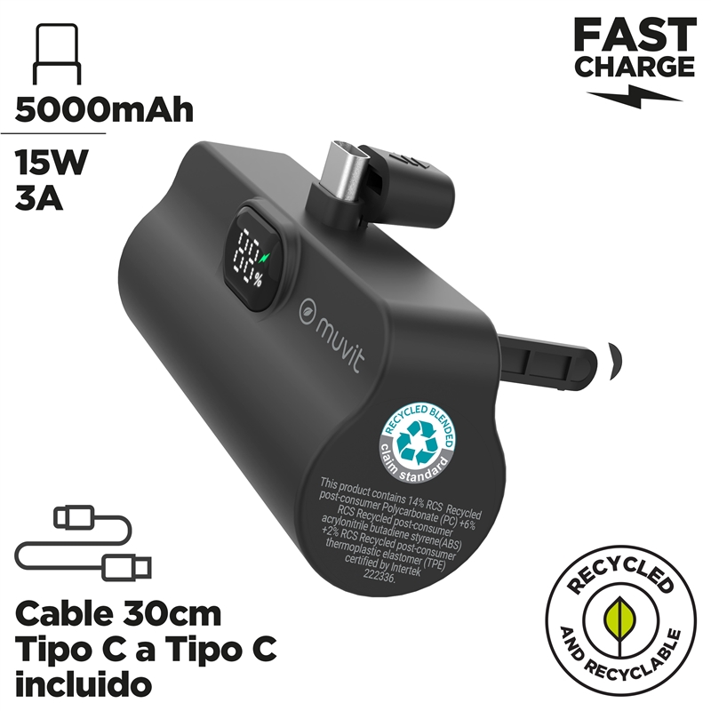 muvit for change power bank 5000 mAh con conector tipo C PD 20W intregrado negra