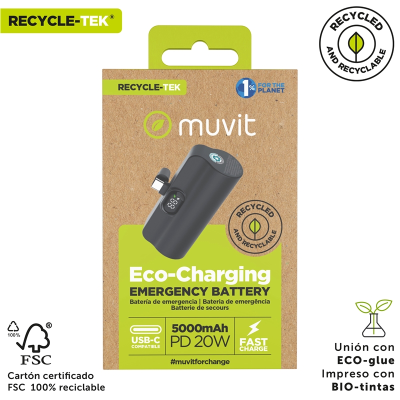muvit for change power bank 5000 mAh con conector tipo C PD 20W intregrado negra