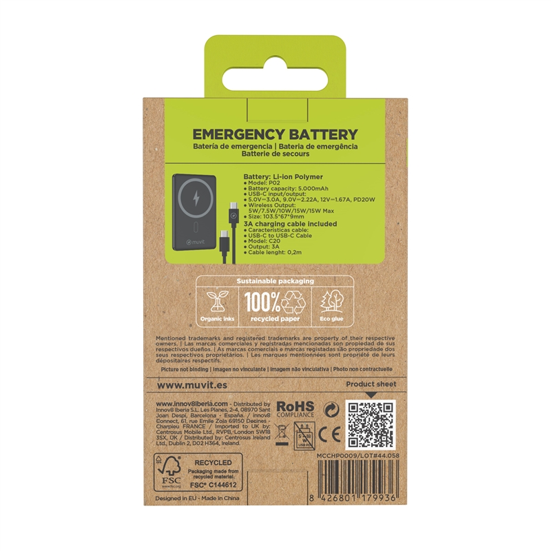muvit for change power bank Aluminio 5000mAh Magsafe 15W + conector Tipo C PD20W negro