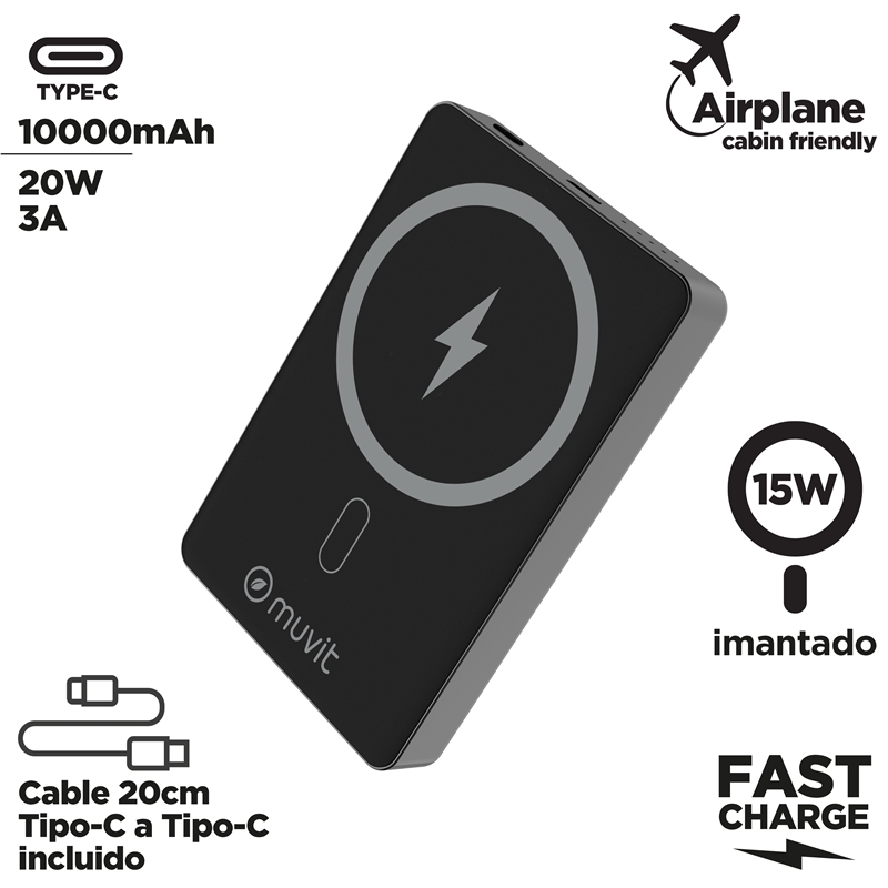 muvit for change power bank Aluminio 10000mAh Magsafe 15W + conector Tipo C PD20W negro
