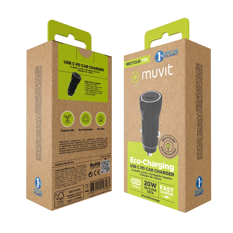 muvit for change cargador coche Tipo C PD 20W negro