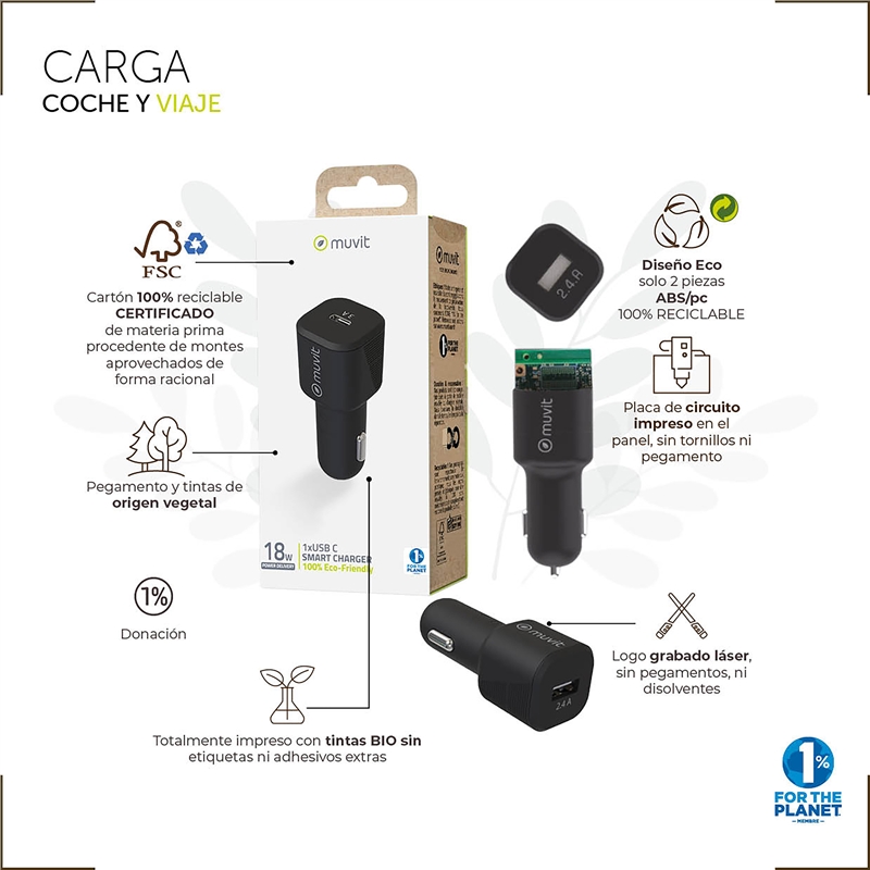 muvit for change cargador coche 1 USB QC 3.0 18W+1 Tipo C PD 20W negro