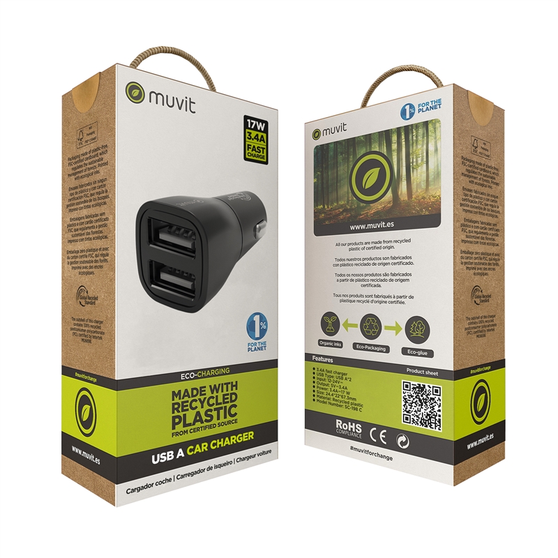 muvit for change cargador coche 2 USB 3,4A/18W negro