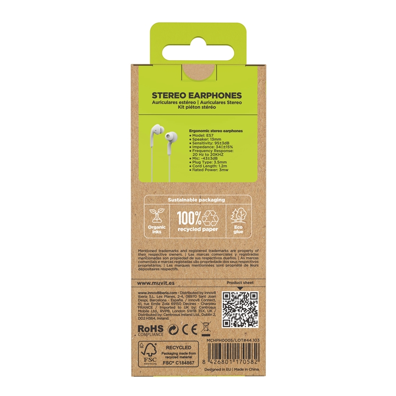 muvit for change auriculares estéreo E57 3.5mm blancos