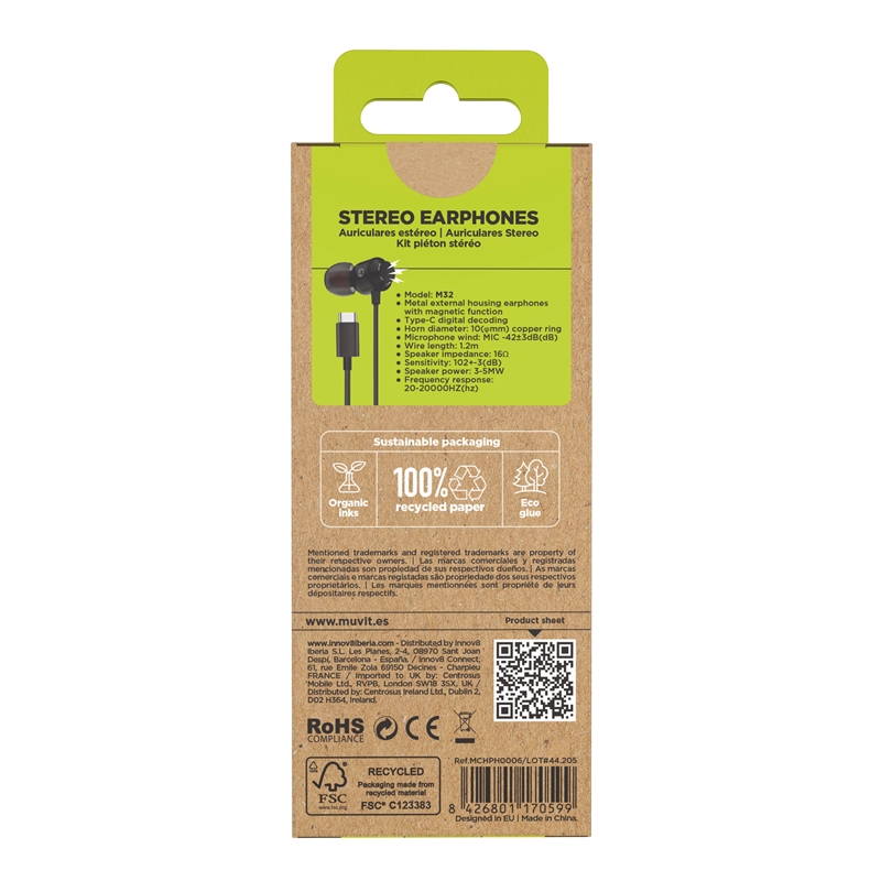 muvit for change auriculares estéreo M32 Tipo C magnéticos negros