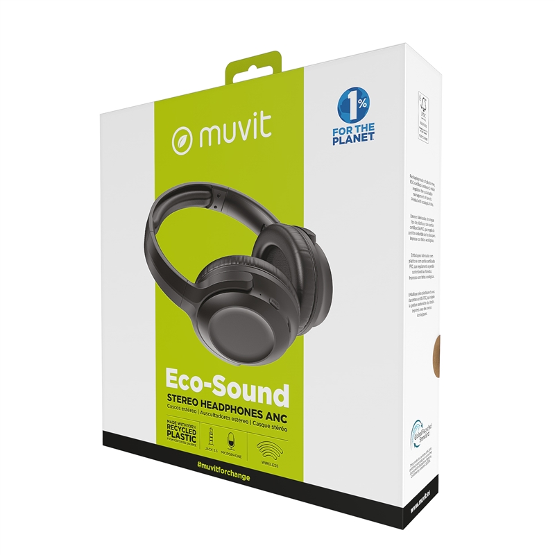 muvit for change cascos estéreo ANC Plegables con cancelación de ruido activa, adaptadores y funda de viaje negro