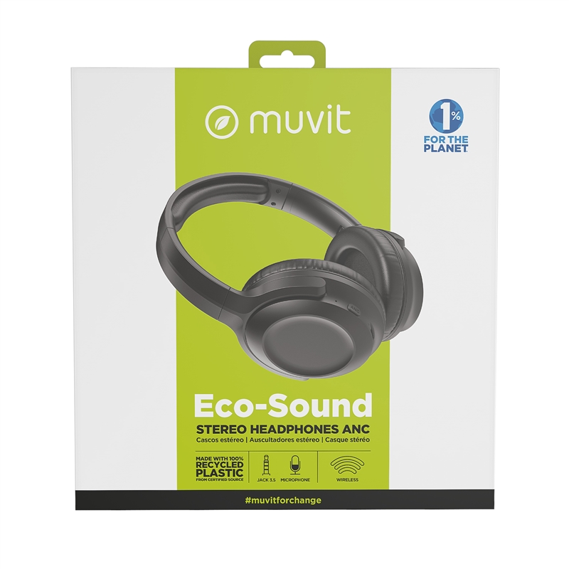 muvit for change cascos estéreo ANC Plegables con cancelación de ruido activa, adaptadores y funda de viaje negro