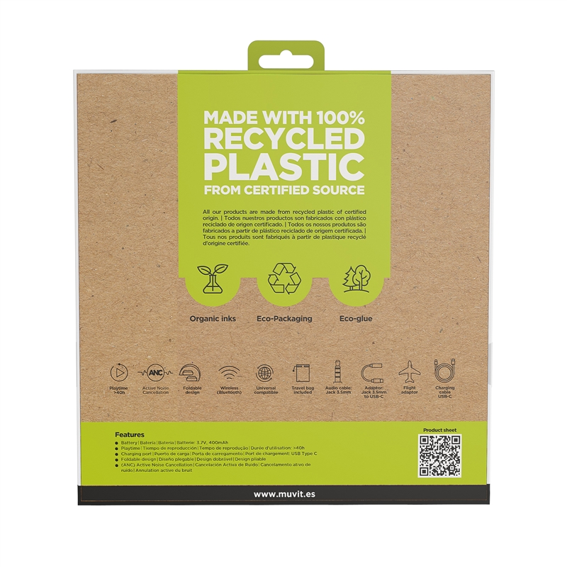 muvit for change cascos estéreo ANC Plegables con cancelación de ruido activa, adaptadores y funda de viaje negro