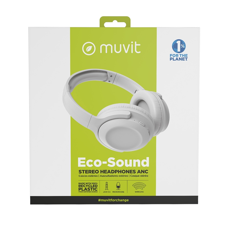 muvit for change cascos estéreo ANC Plegables con cancelación de ruido activa, adaptadores y funda de viaje blanco