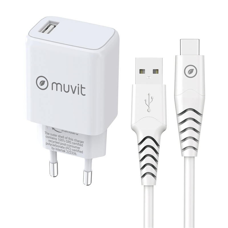 muvit for change pack cargador de pared USB 2.4A 15W + Cable Tipo C 3A 1,2m blanco