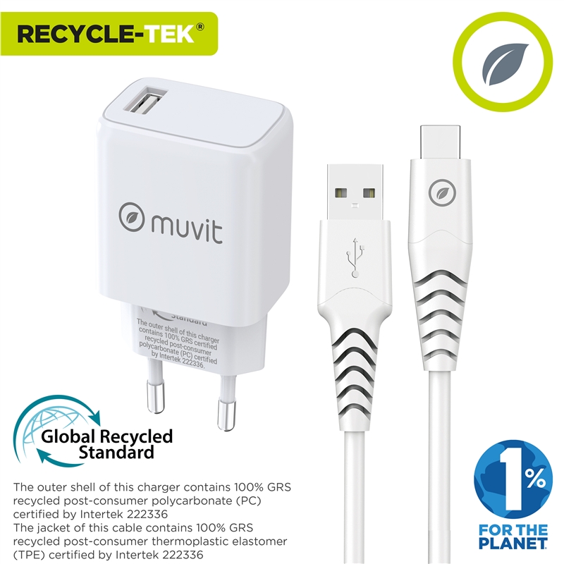 muvit for change pack cargador de pared USB 2.4A 15W + Cable Tipo C 3A 1,2m blanco