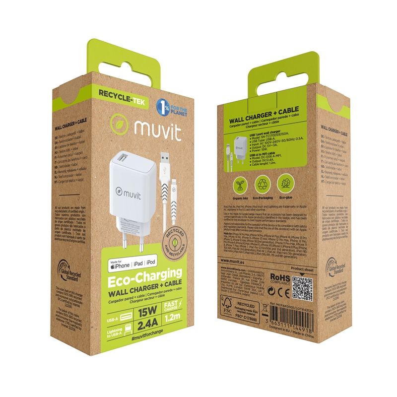 muvit for change pack cargador de pared USB 2.4A 15W + Cable Tipo C 3A 1,2m blanco