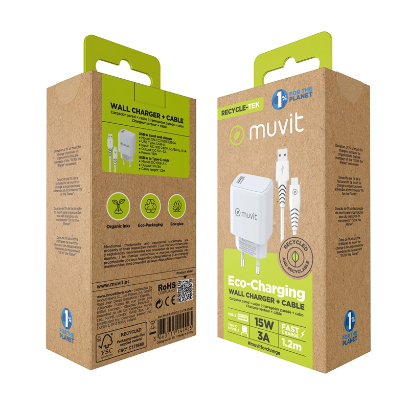 muvit for change pack cargador de pared USB 2.4A 15W + Cable Tipo C 3A 1,2m blanco