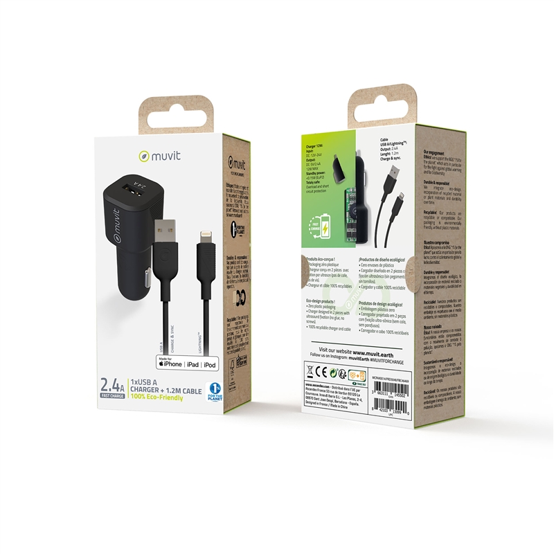 muvit for change pack cargador coche USB 2.4A 12W + cable Lightning MFI 2.4A 1,2m negro