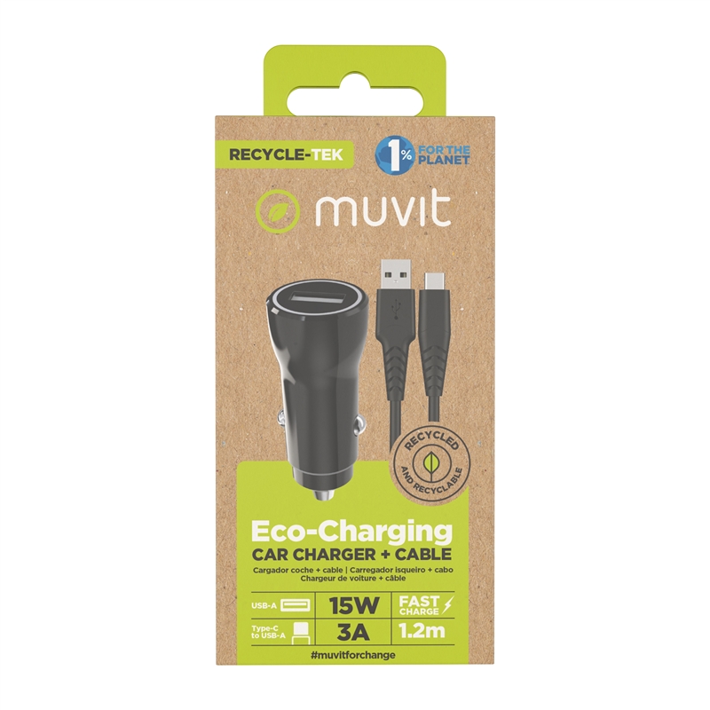 muvit for change pack cargador coche USB 15W + Cable Tipo C 3A 1,2m negro