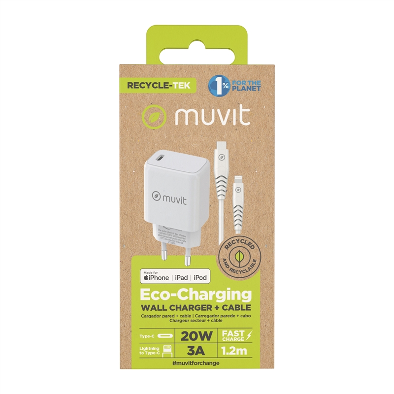 muvit for change pack cargador de pared Tipo C PD 20W + cable tipo C a lightning MFI 3A 1m blanco
