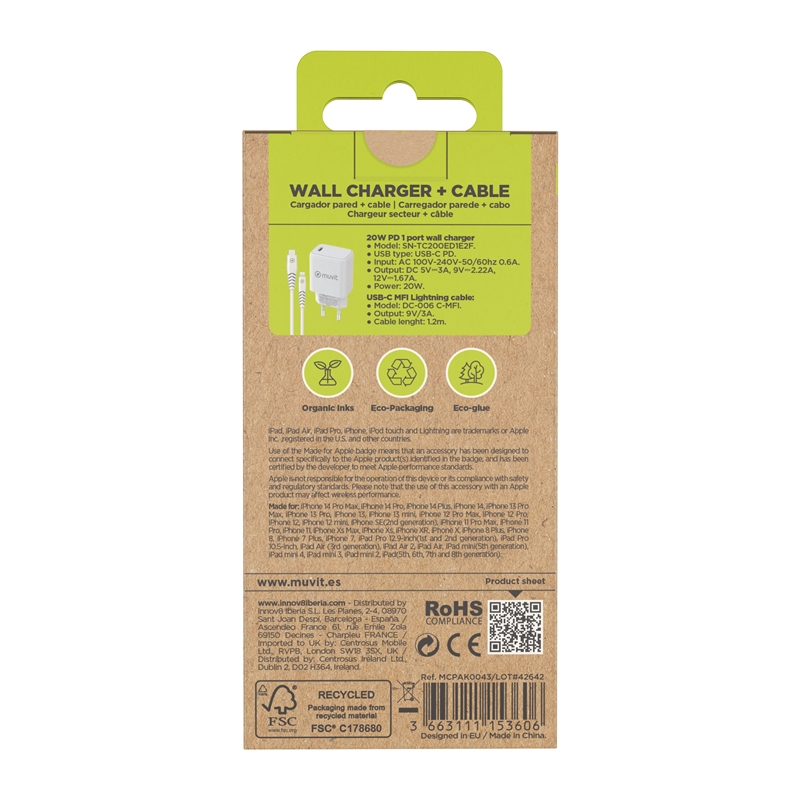 muvit for change pack cargador de pared Tipo C PD 20W + cable tipo C a lightning MFI 3A 1m blanco