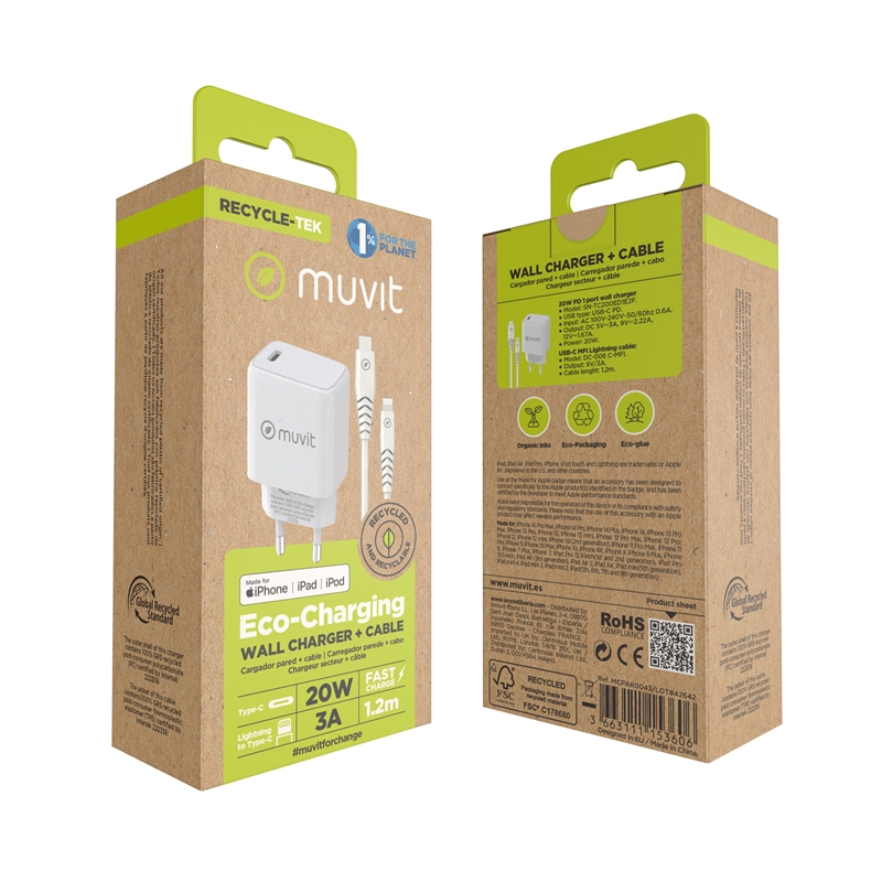 muvit for change pack cargador de pared Tipo C PD 20W + cable tipo C a lightning MFI 3A 1m blanco