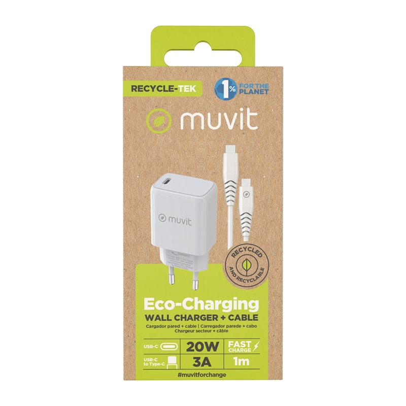 muvit for change pack cargador de pared Tipo C PD 20W + cable tipo C a tipo C 3A 1m blanco