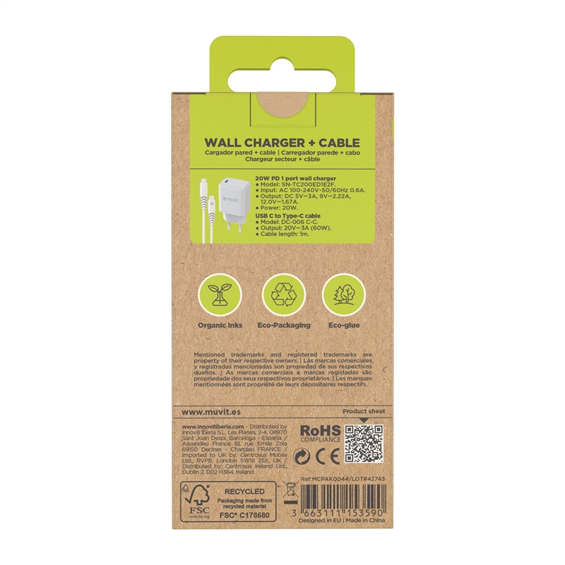muvit for change pack cargador de pared Tipo C PD 20W + cable tipo C a tipo C 3A 1m blanco