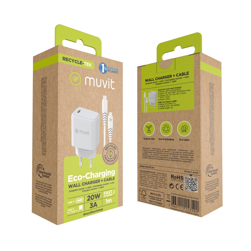 muvit for change pack cargador de pared Tipo C PD 20W + cable tipo C a tipo C 3A 1m blanco