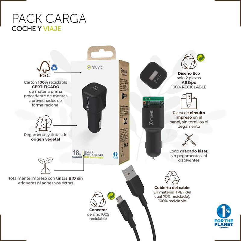 muvit for change pack cargador coche Tipo C PD 20W + cable tipo C a lightning MFI 3A 1m negro