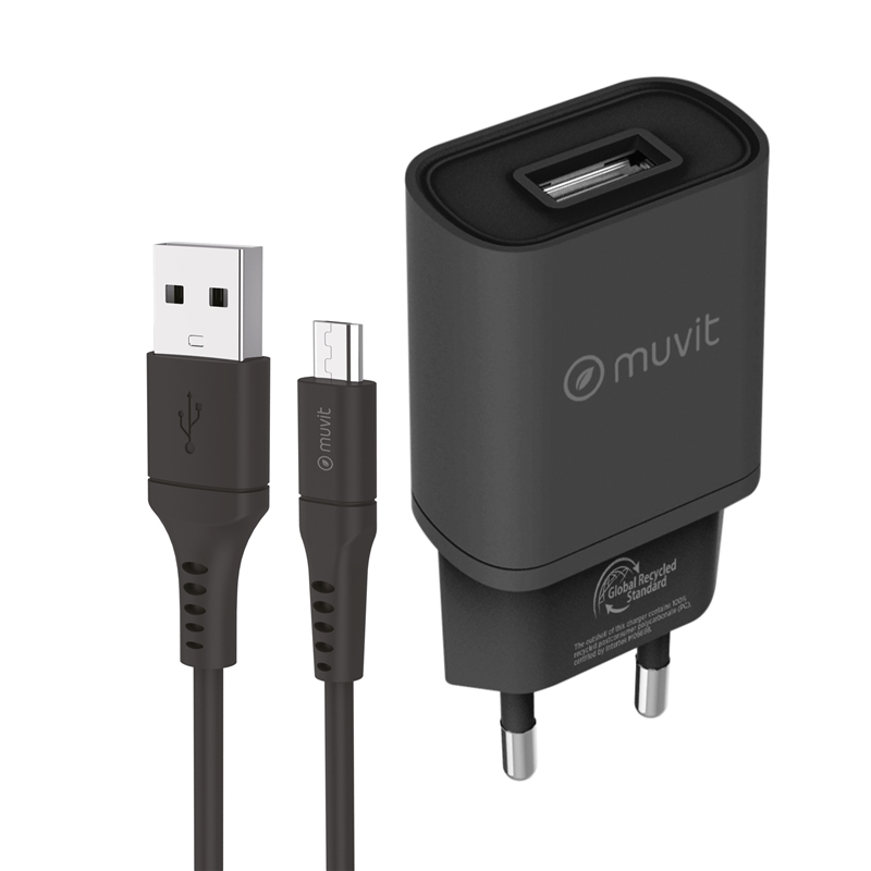 muvit for change pack cargador de pared USB 2.4A 12W + Cable Micro USB 2.4A 1,2m negro