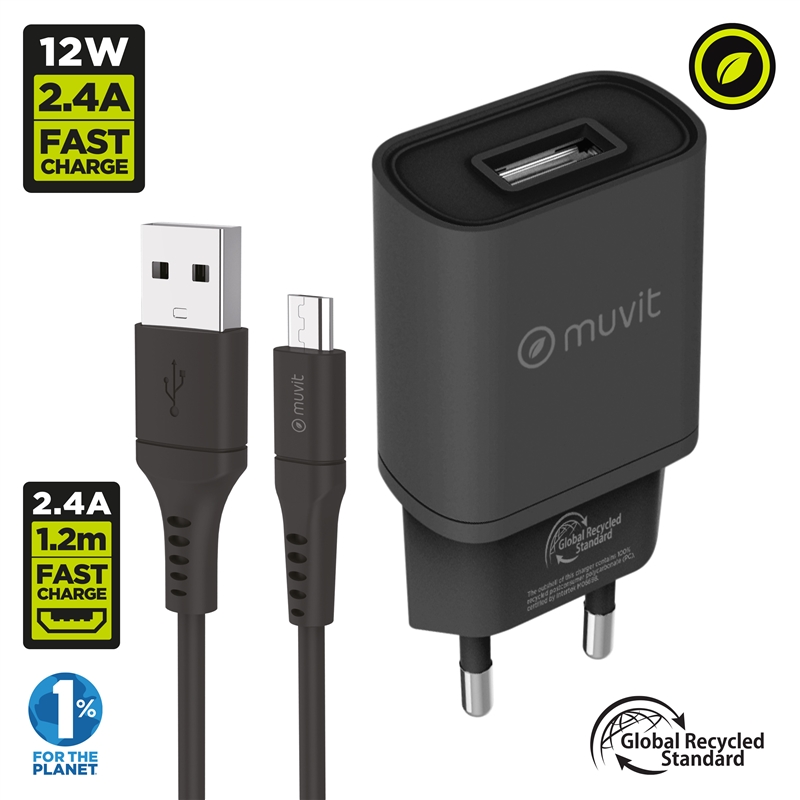 muvit for change pack cargador de pared USB 2.4A 12W + Cable Micro USB 2.4A 1,2m negro