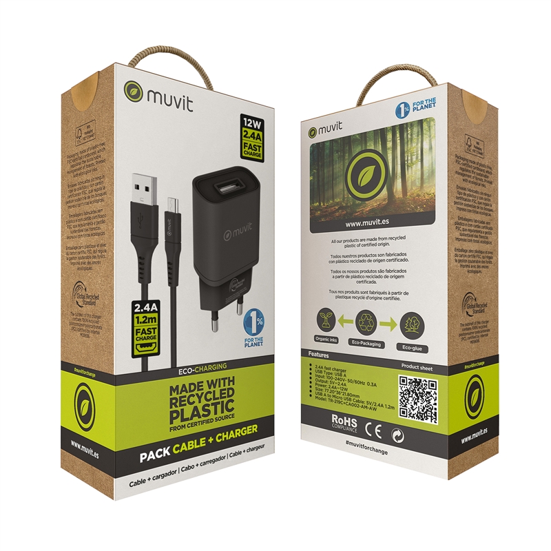 muvit for change pack cargador de pared USB 2.4A 12W + Cable Micro USB 2.4A 1,2m negro
