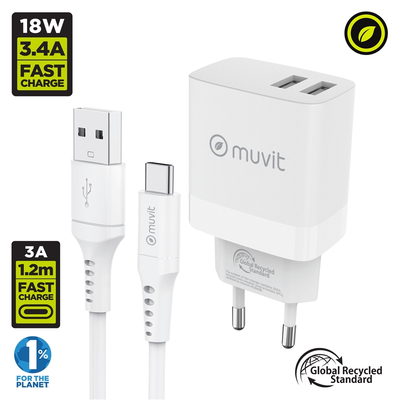 muvit for change pack cargador de pared 2 USB 3,4A/18W + Cable Tipo C 3A/60W 1,2m blanco