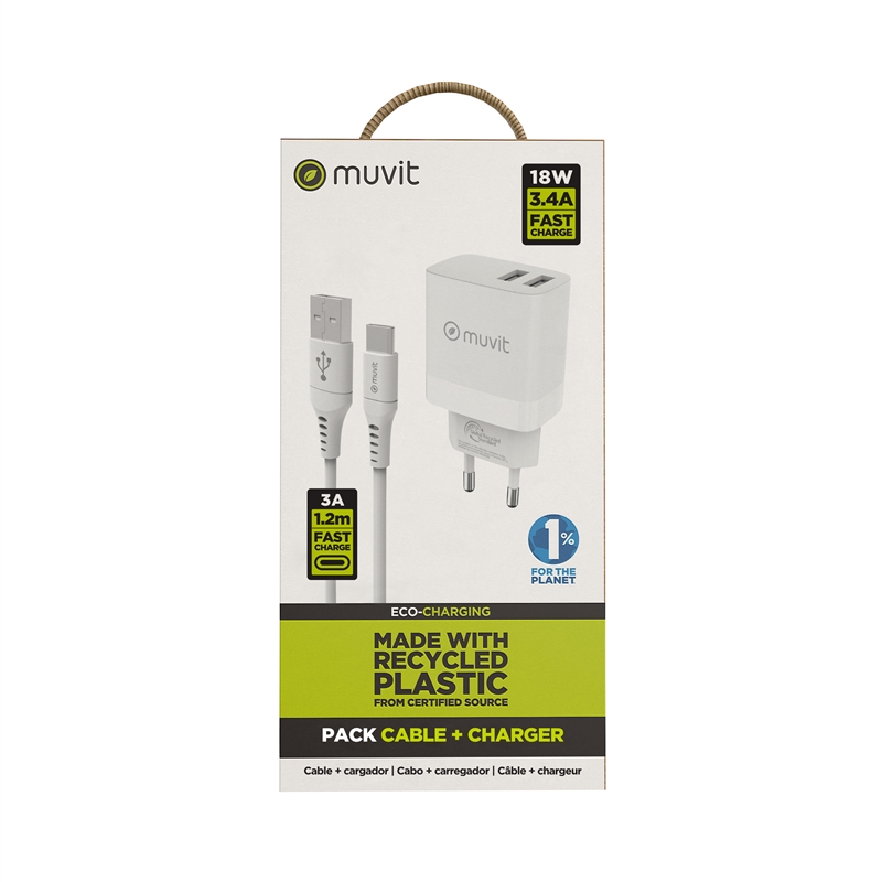 muvit for change pack cargador de pared 2 USB 3,4A/18W + Cable Tipo C 3A/60W 1,2m blanco