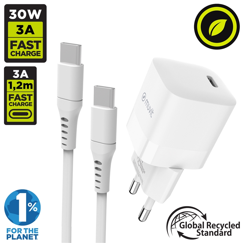 muvit for change pack cargador de pared Tipo C PD 30W + cable tipo C a tipo C 3A 1,2m blanco