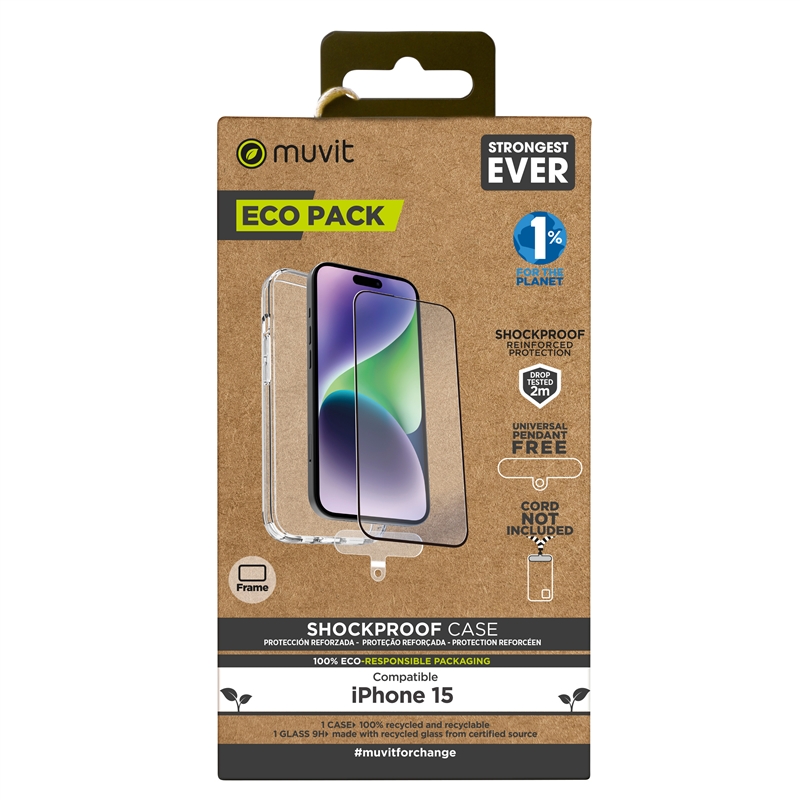 muvit for change funda shockproof 2M Apple iPhone 15 + protector de pantalla vidrio templado plano marco negro