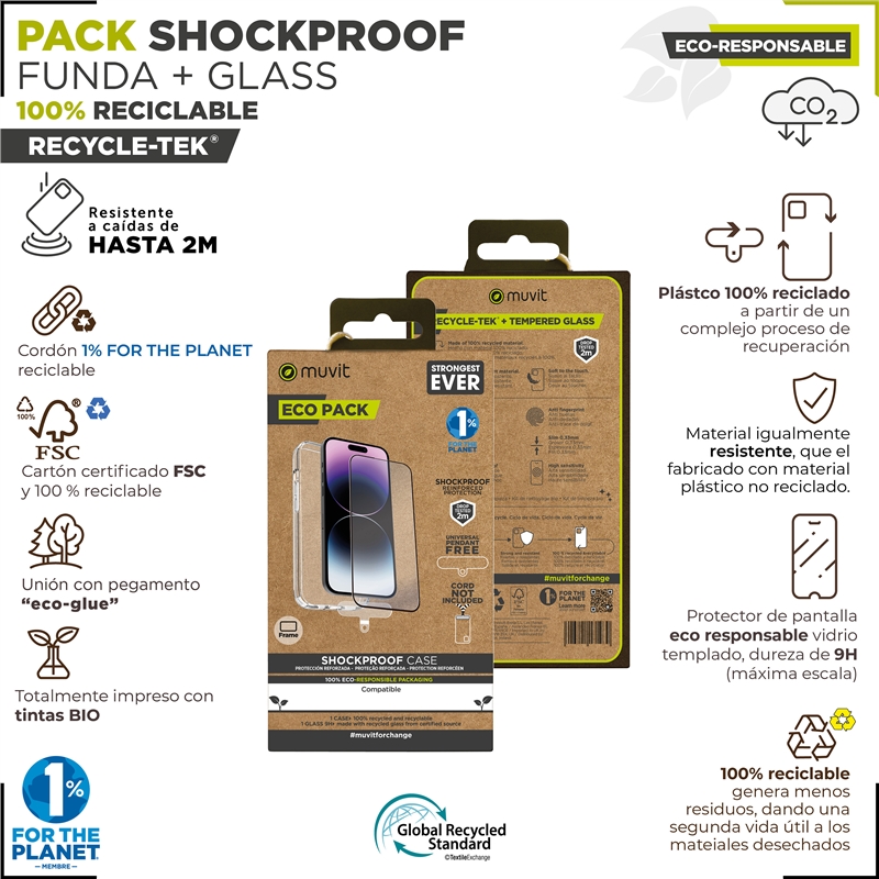 muvit for change funda shockproof 2M Apple iPhone 15 + protector de pantalla vidrio templado plano marco negro