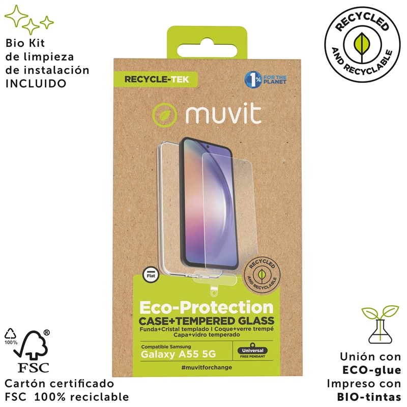 muvit for change funda compatible con Samsung Galaxy A55 5G + protector de pantalla vidrio templado plano