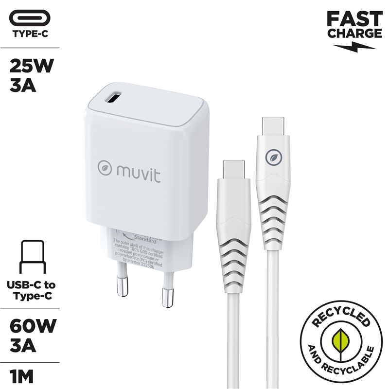 muvit for change pack cargador de pared Tipo C PD 25W + cable tipo C a tipo C 3A 1m blanco