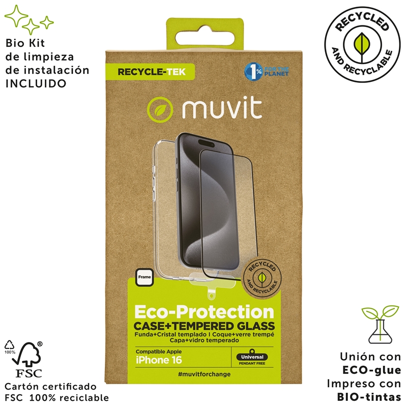 muvit for change funda compatible con Apple iPhone 16 + protector de pantalla vidrio templado plano marco negro