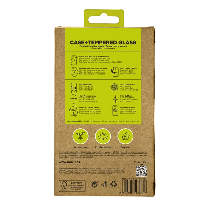 muvit for change funda compatible con Apple iPhone 16 Pro Max + protector de pantalla vidrio templado plano marco negro