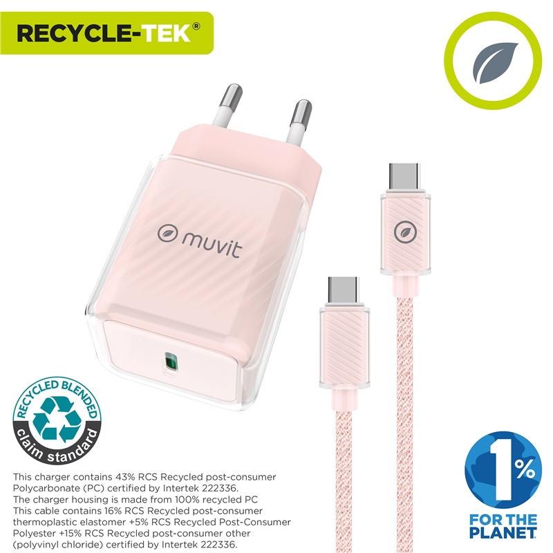 muvit for change pack cargador de pared Glass GaN Tipo C PD 30W + Cable C a C 1m 3A rosa