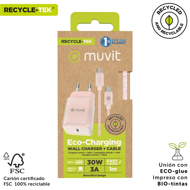 muvit for change pack cargador de pared Glass GaN Tipo C PD 30W + Cable C a C 1m 3A rosa