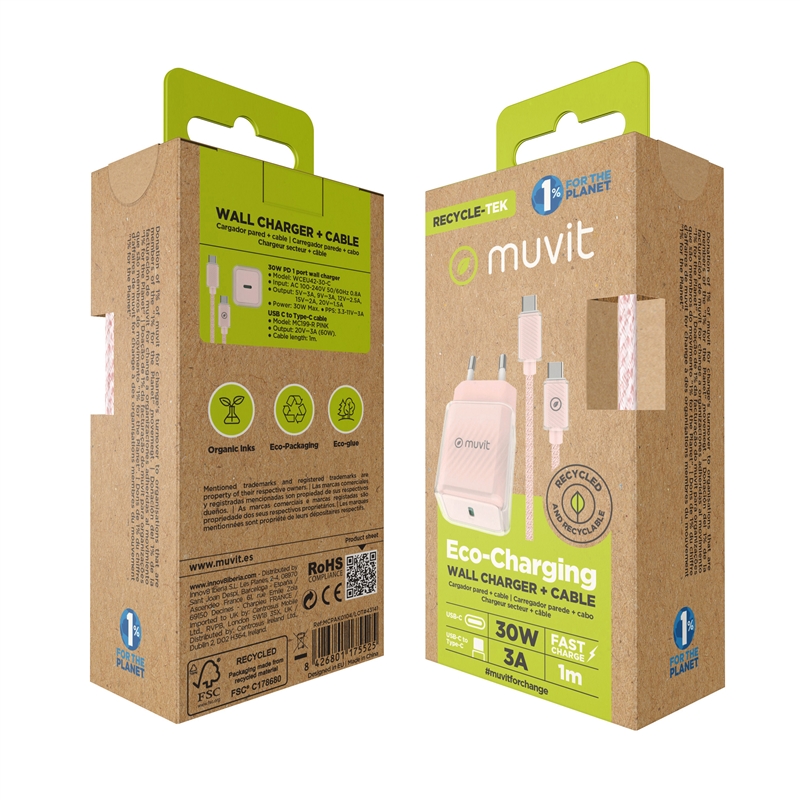 muvit for change pack cargador de pared Glass GaN Tipo C PD 30W + Cable C a C 1m 3A rosa