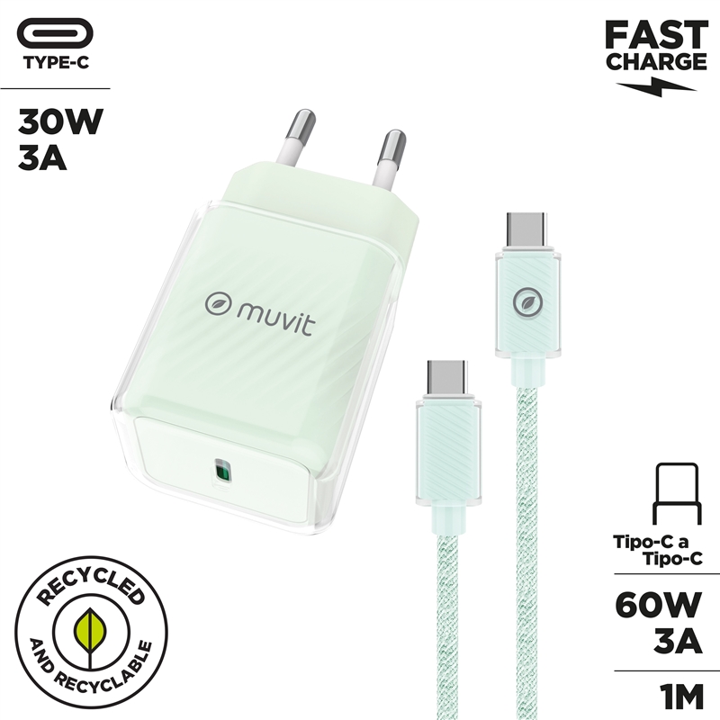 muvit for change pack cargador de pared Glass GaN Tipo C PD 30W + Cable C a C 1m 3A verde