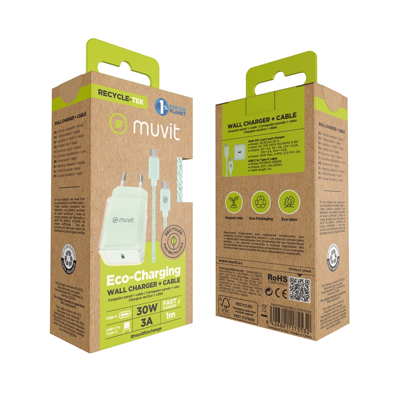 muvit for change pack cargador de pared Glass GaN Tipo C PD 30W + Cable C a C 1m 3A verde