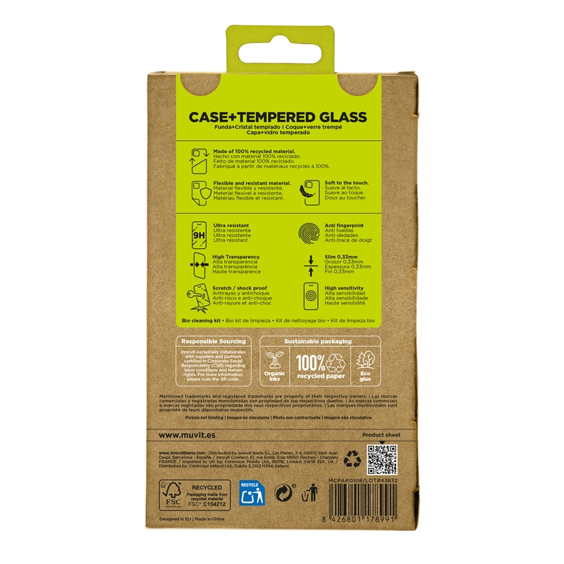 muvit for change funda compatible con Apple iPhone 17 Pro + protector de pantalla vidrio templado plano marco negro