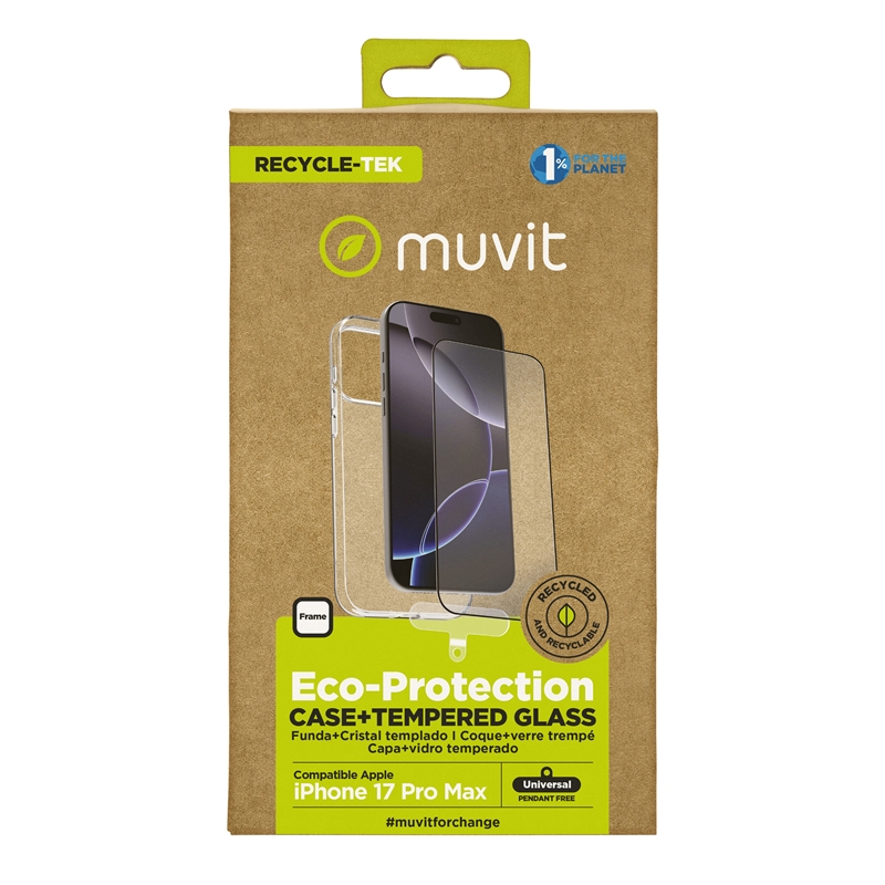 muvit for change funda compatible con Apple iPhone 17 Pro Max + protector de pantalla vidrio templado plano marco negro